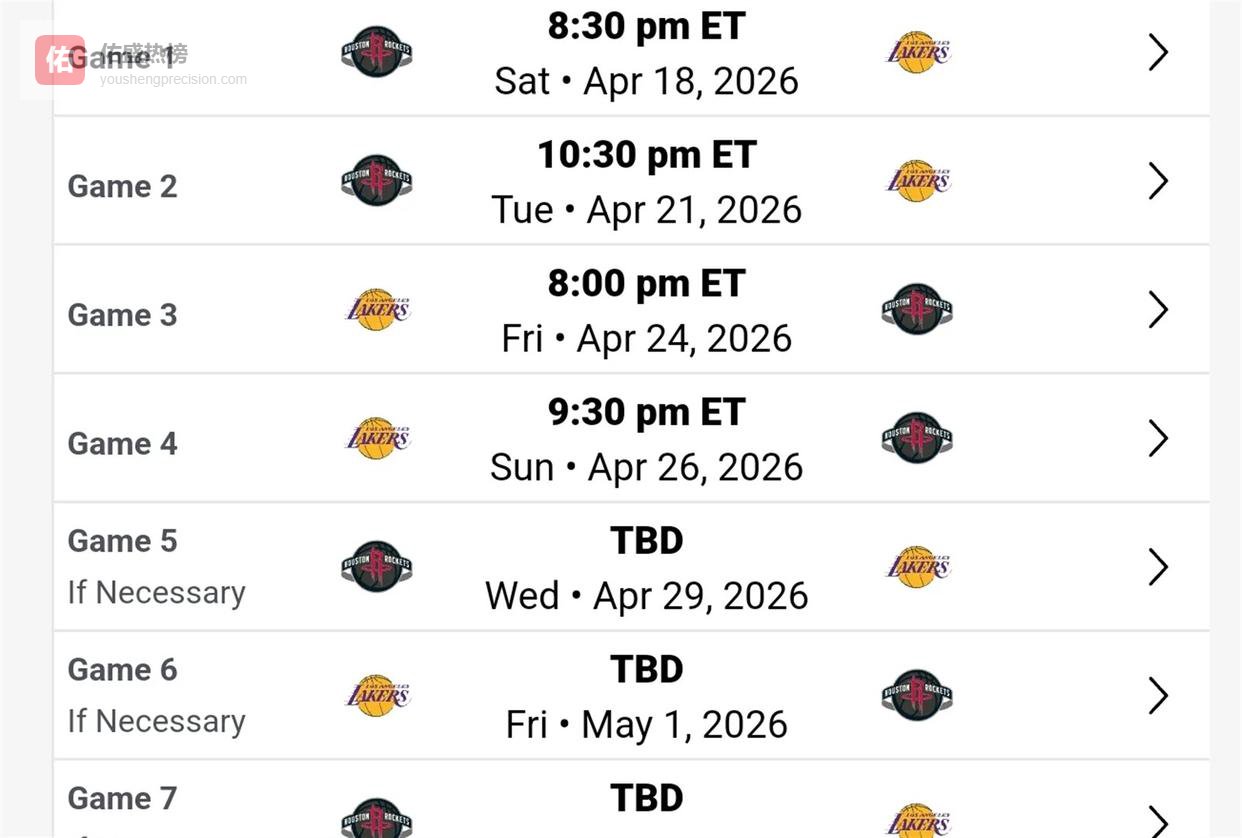 休斯顿火箭与洛杉矶湖人季后赛首轮时间敲定！上午黄金档+周末激战，这剧本太刺激了！